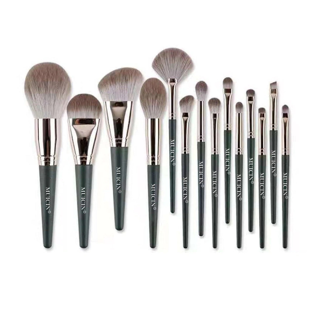 MUICIN - Grey Leather Pouch Eye & Face With Fan Makeup Brush Set - 14 pieces Best Price in Pakistan