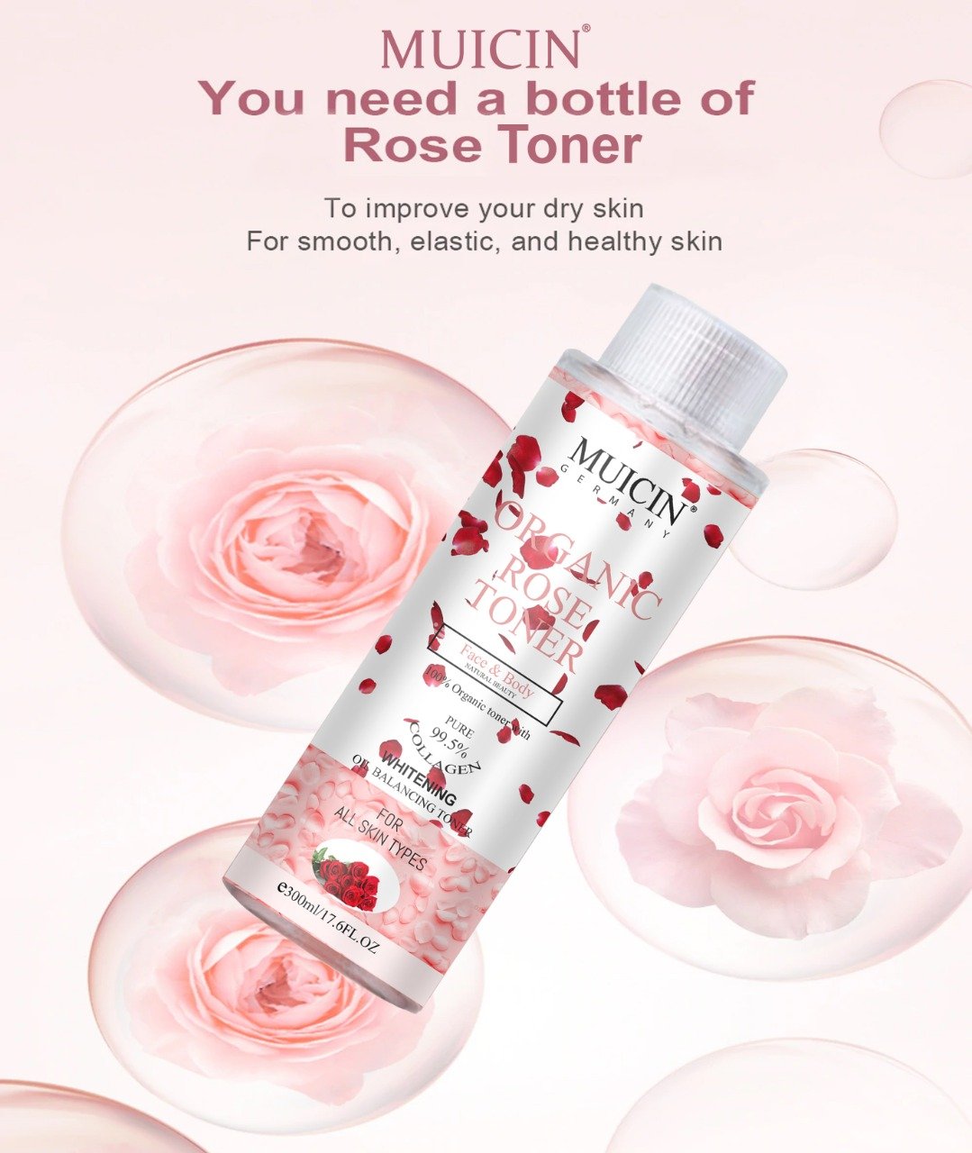 MUICIN - Organic Rose Petal Face & Body Toner - 300ml Best Price in Pakistan